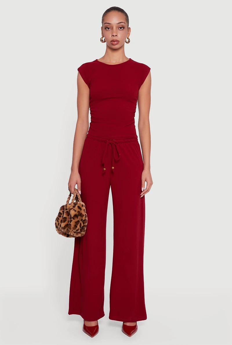 Womens Haute Monde Brushed Knit Ruched Side Cap Sleeve Blouse, Burgundy, Size M