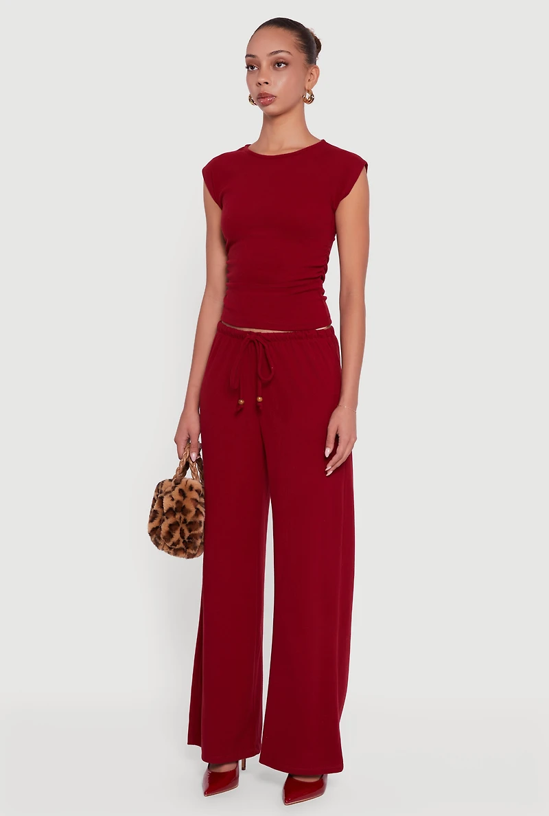 Womens Haute Monde Brushed Knit Ruched Side Cap Sleeve Blouse, Burgundy, Size M