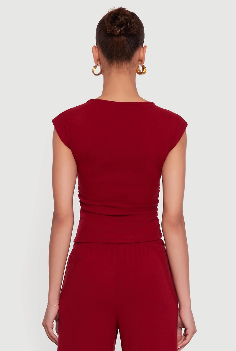 Womens Haute Monde Brushed Knit Ruched Side Cap Sleeve Blouse, Burgundy, Size M