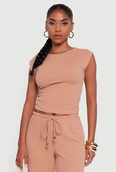 Womens Haute Monde Brushed Knit Ruched Side Cap Sleeve Blouse,