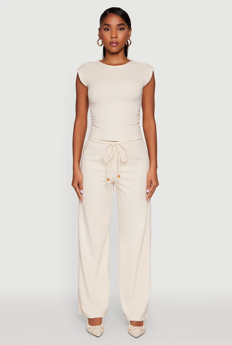 Womens Haute Monde Brushed Knit Drawstring Waist Wide Leg Pants, Beige, Size M