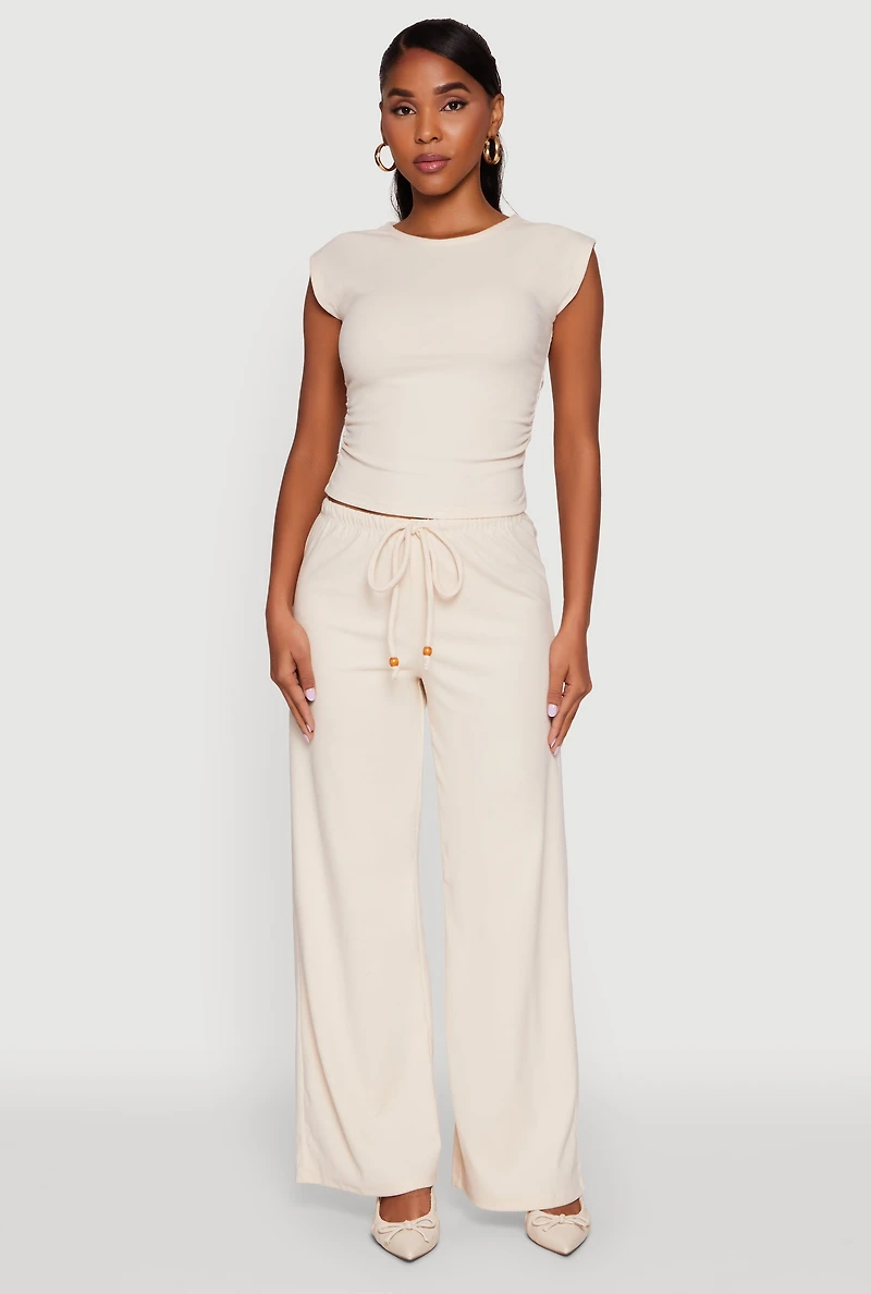 Womens Haute Monde Brushed Knit Drawstring Waist Wide Leg Pants, Beige, Size M