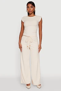 Womens Haute Monde Brushed Knit Drawstring Waist Wide Leg Pants, Beige, Size M