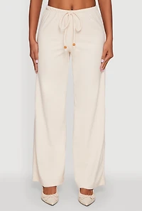 Womens Haute Monde Brushed Knit Drawstring Waist Wide Leg Pants, Beige, Size M