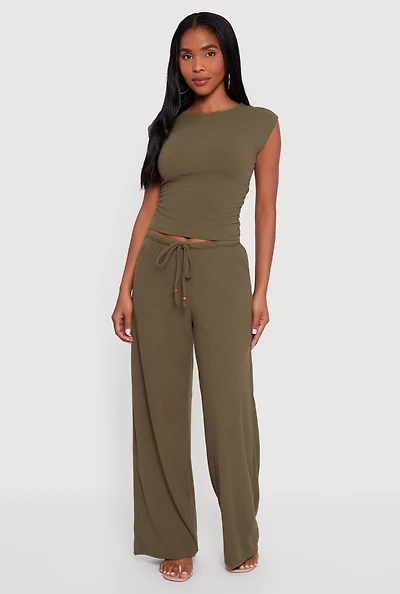 Womens Haute Monde Brushed Knit Drawstring Waist Wide Leg Pants,