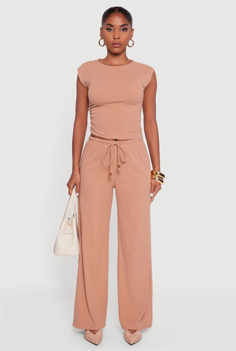 Womens Haute Monde Brushed Knit Drawstring Waist Wide Leg Pants, Khaki, Size M