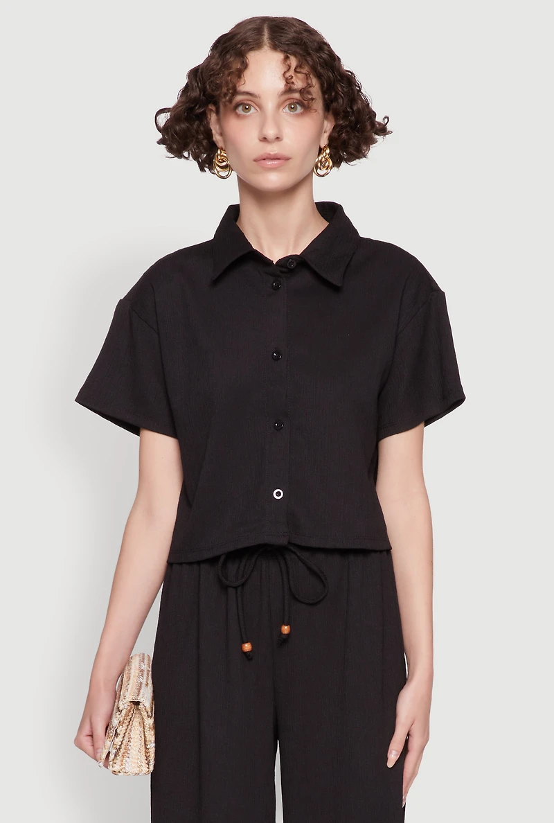 Womens Haute Monde Textured Knit Button Front Cropped Shirt,