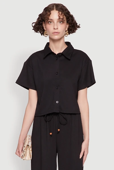 Womens Haute Monde Textured Knit Button Front Cropped Shirt,