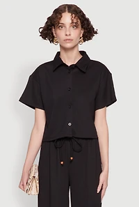 Womens Haute Monde Textured Knit Button Front Cropped Shirt,
