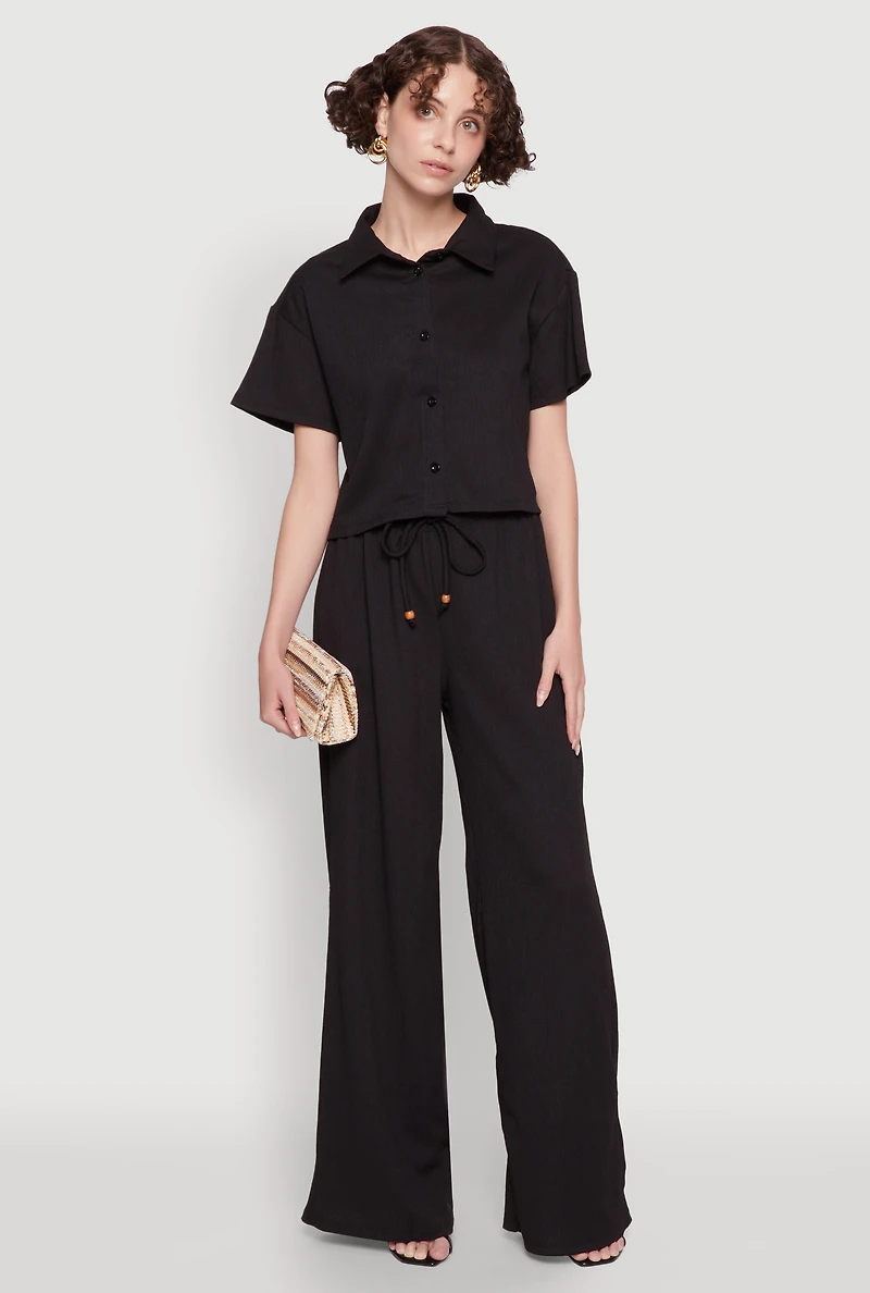 Womens Haute Monde Textured Knit Button Front Cropped Shirt,