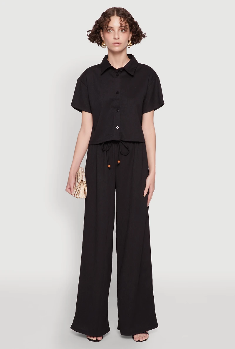 Womens Haute Monde Textured Knit Button Front Cropped Shirt,