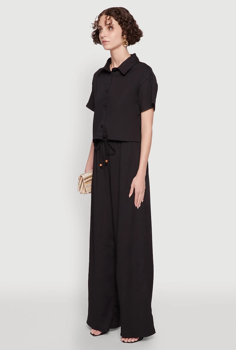 Womens Haute Monde Textured Knit Button Front Cropped Shirt, Black,