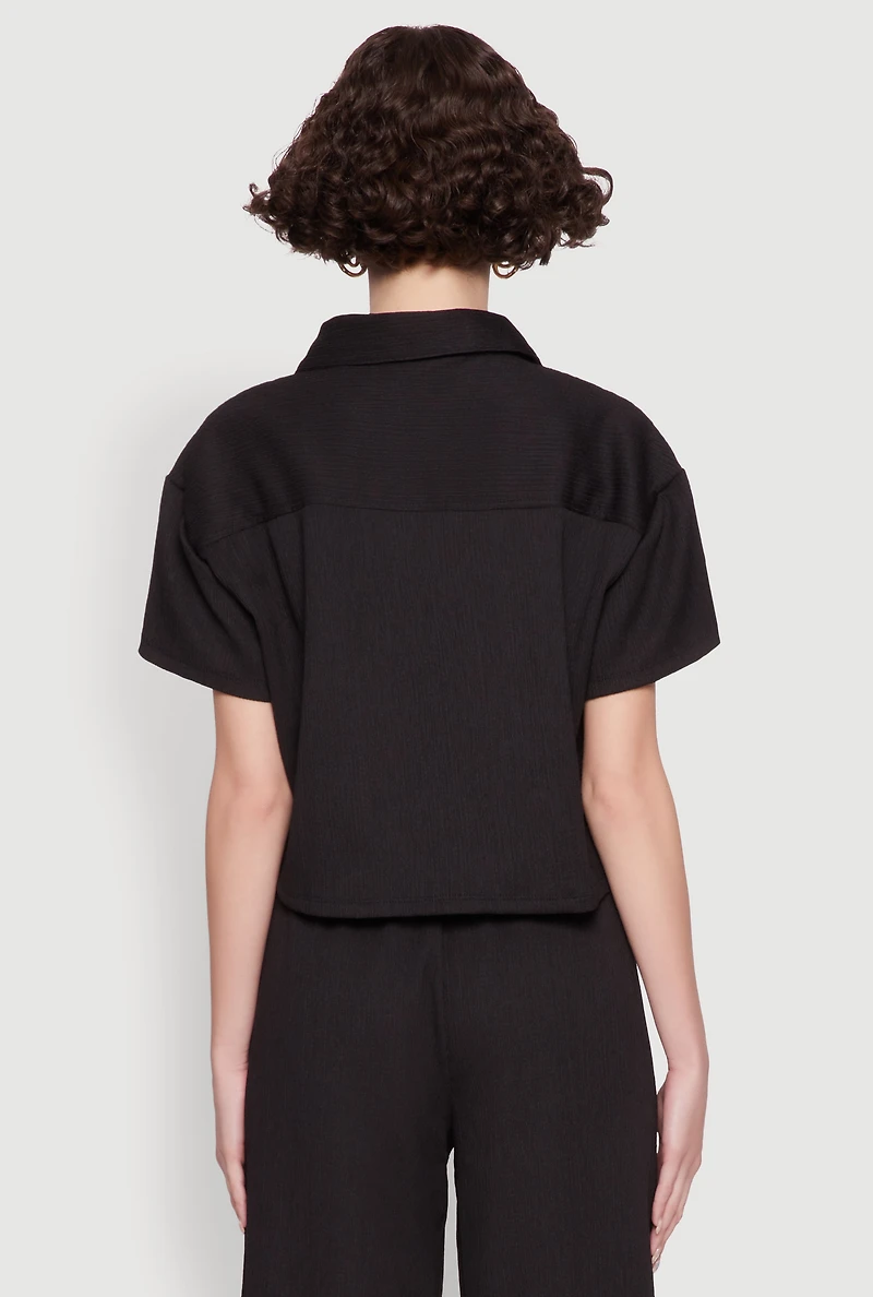 Womens Haute Monde Textured Knit Button Front Cropped Shirt,
