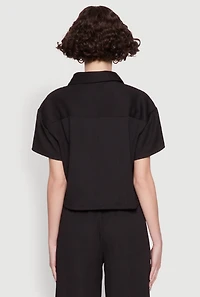 Womens Haute Monde Textured Knit Button Front Cropped Shirt,