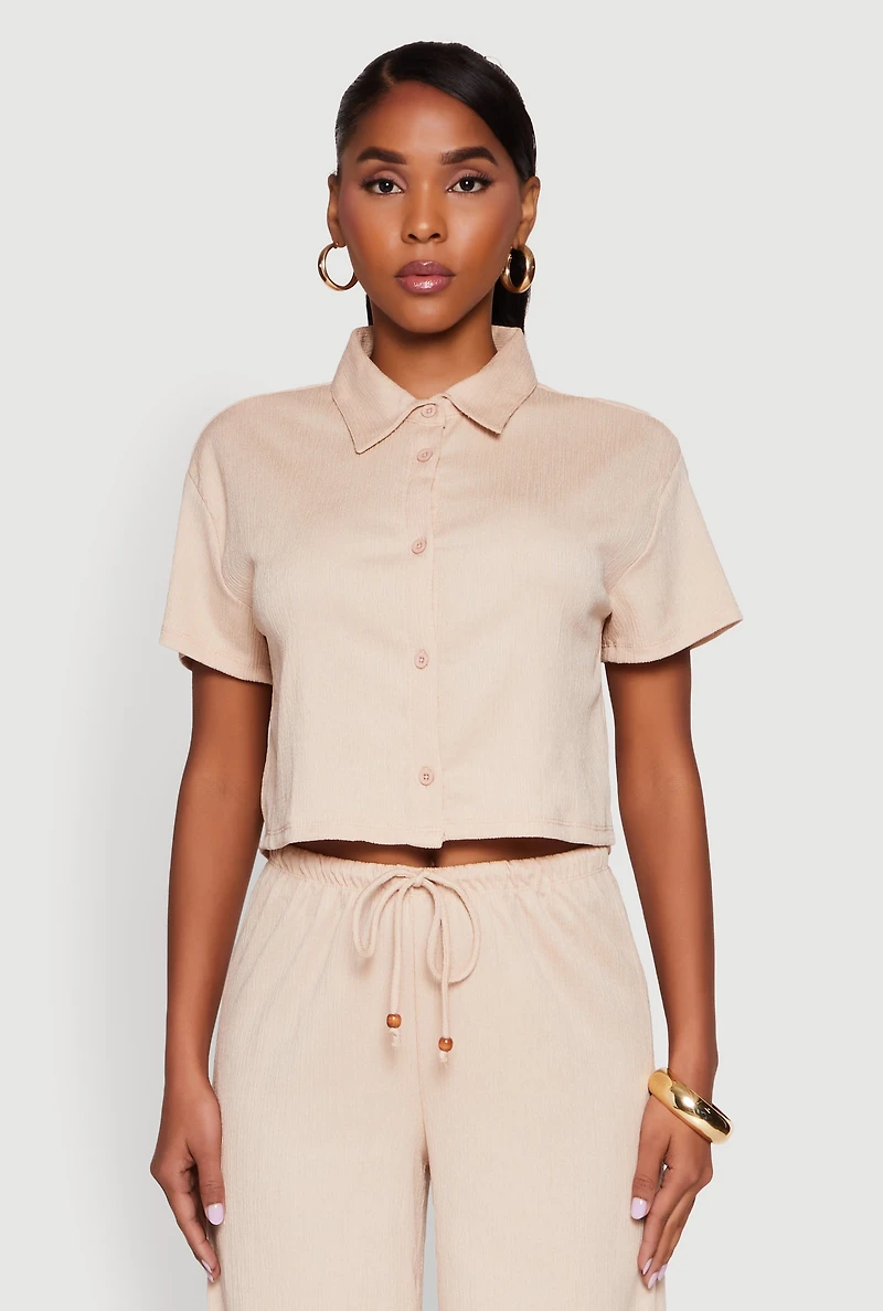 Womens Haute Monde Textured Knit Button Front Cropped Shirt, Beige, Size M