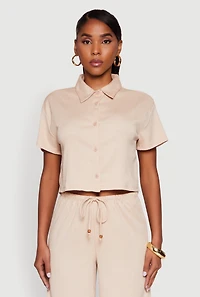 Womens Haute Monde Textured Knit Button Front Cropped Shirt, Beige, Size S