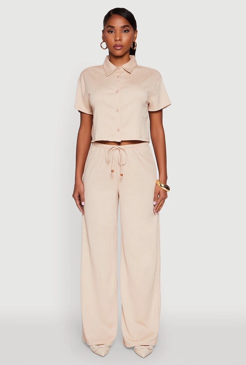 Womens Haute Monde Textured Knit Button Front Cropped Shirt,