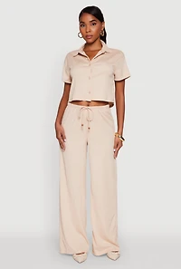 Womens Haute Monde Textured Knit Button Front Cropped Shirt, Beige, Size S