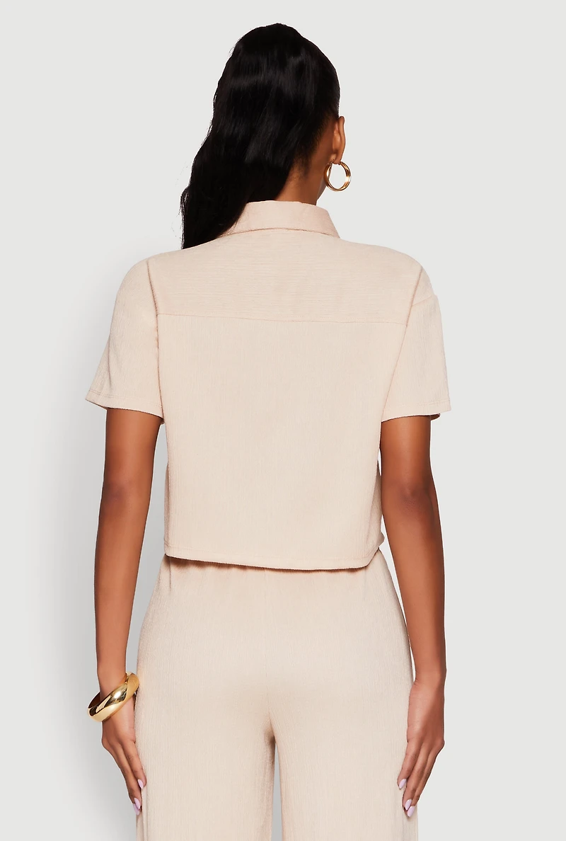 Womens Haute Monde Textured Knit Button Front Cropped Shirt, Beige, Size M