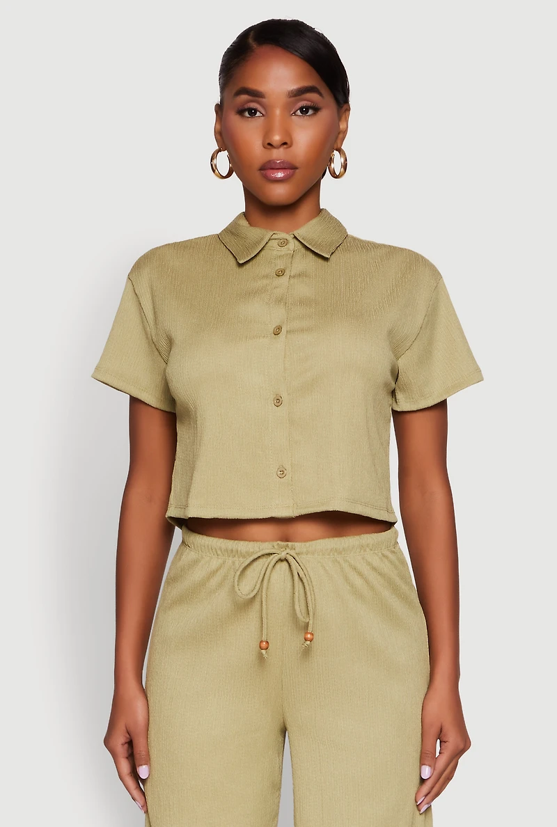 Womens Haute Monde Textured Knit Button Front Cropped Shirt, Green, Size M