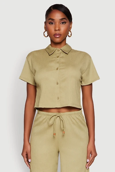Womens Haute Monde Textured Knit Button Front Cropped Shirt, Green, Size M