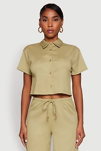 Womens Haute Monde Textured Knit Button Front Cropped Shirt, Green, Size M