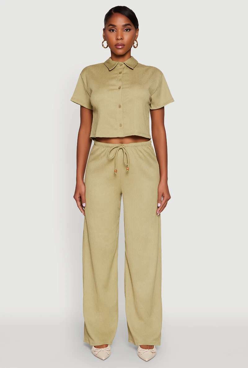 Haute Monde Textured Knit Button Front Cropped Shirt