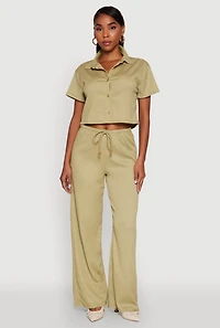 Womens Haute Monde Textured Knit Button Front Cropped Shirt, Green, Size M