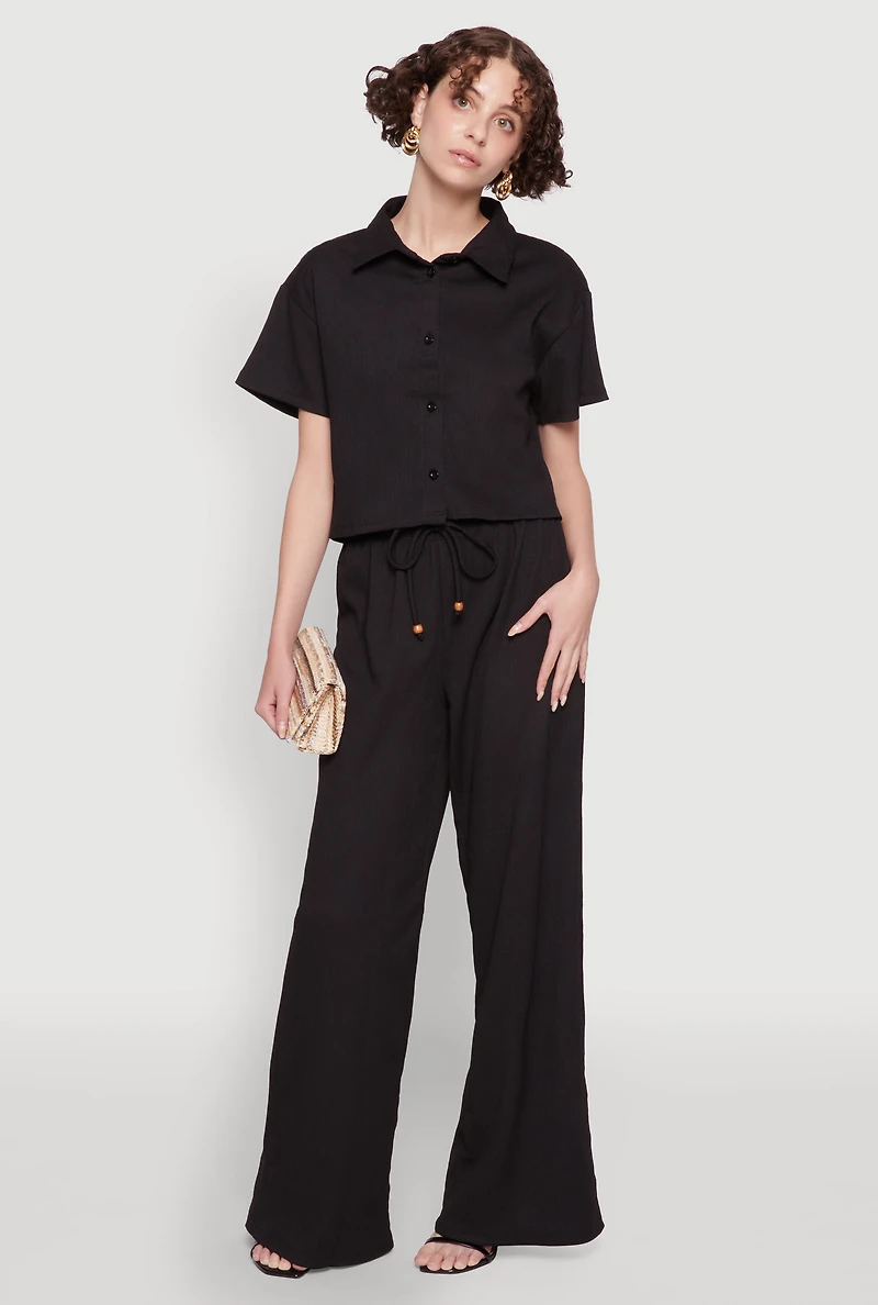 Womens Haute Monde Textured Knit Drawstring Waist Wide Leg Pants, Black, Size S