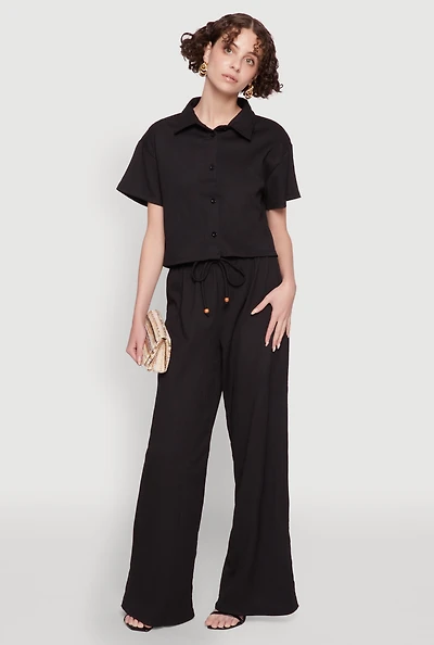 Womens Haute Monde Textured Knit Drawstring Waist Wide Leg Pants, Black, Size S