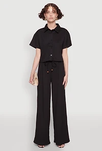 Womens Haute Monde Textured Knit Drawstring Waist Wide Leg Pants, Black, Size M