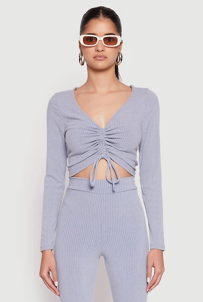 Womens Rib Knit Drawstring Front Ruched Crop Top, Blue, Size M