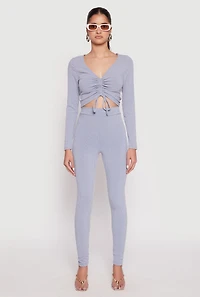 Womens Rib Knit Drawstring Front Ruched Crop Top, Blue, Size M