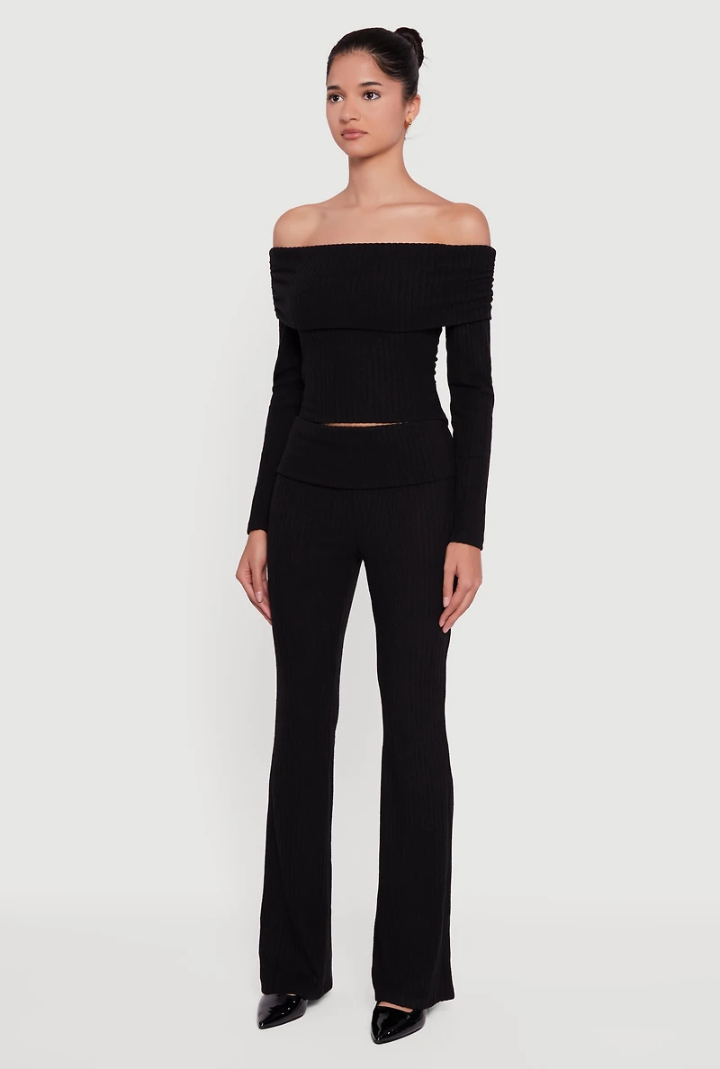 Womens Off the Shoulder Long Sleeve Brushed Knit Top,