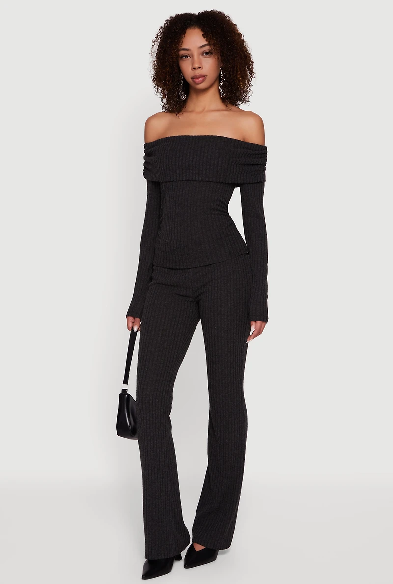 Off the Shoulder Long Sleeve Brushed Knit Top