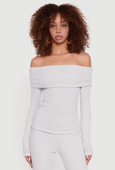 Womens Off the Shoulder Long Sleeve Brushed Knit Top, Grey, Size L