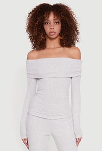 Womens Off the Shoulder Long Sleeve Brushed Knit Top, Grey, Size L