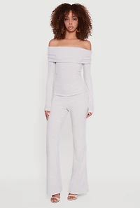 Womens Off the Shoulder Long Sleeve Brushed Knit Top, Grey, Size L