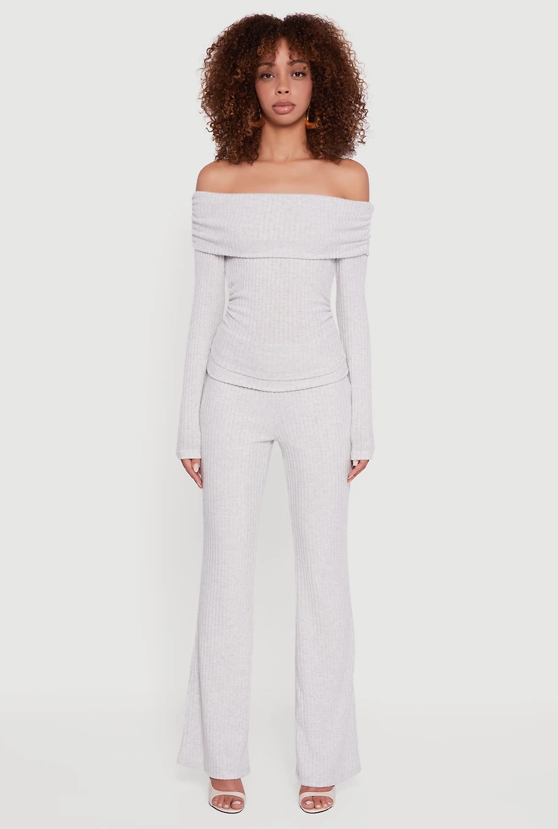 Womens Off the Shoulder Long Sleeve Brushed Knit Top, Grey, Size L