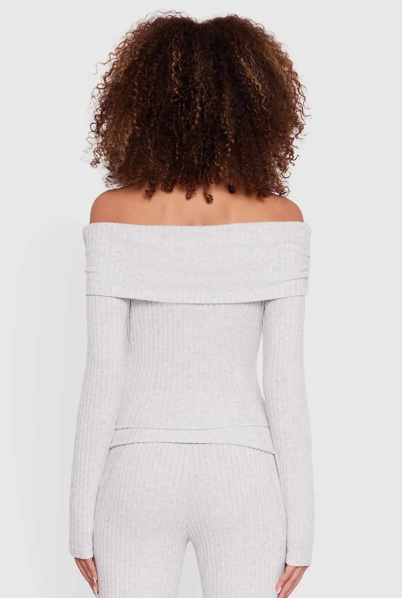 Womens Off the Shoulder Long Sleeve Brushed Knit Top, Grey, Size L