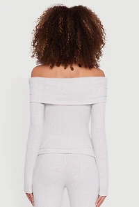 Womens Off the Shoulder Long Sleeve Brushed Knit Top, Grey, Size L