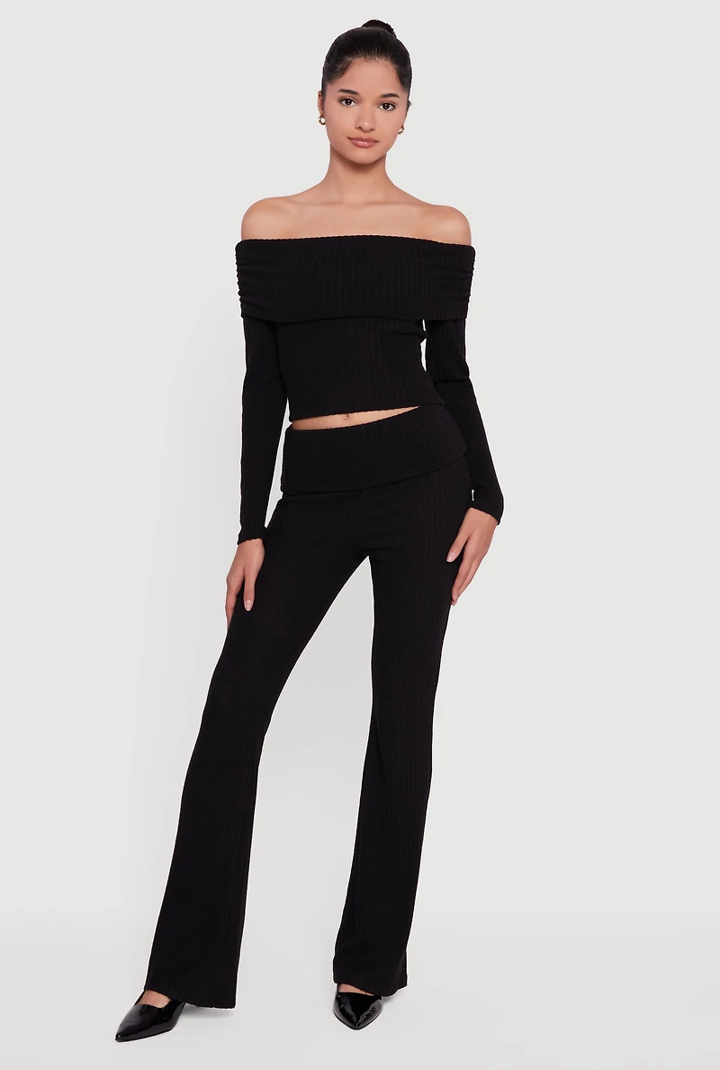 Fold Over High Waisted Flare Leg Ribbed Knit Pants