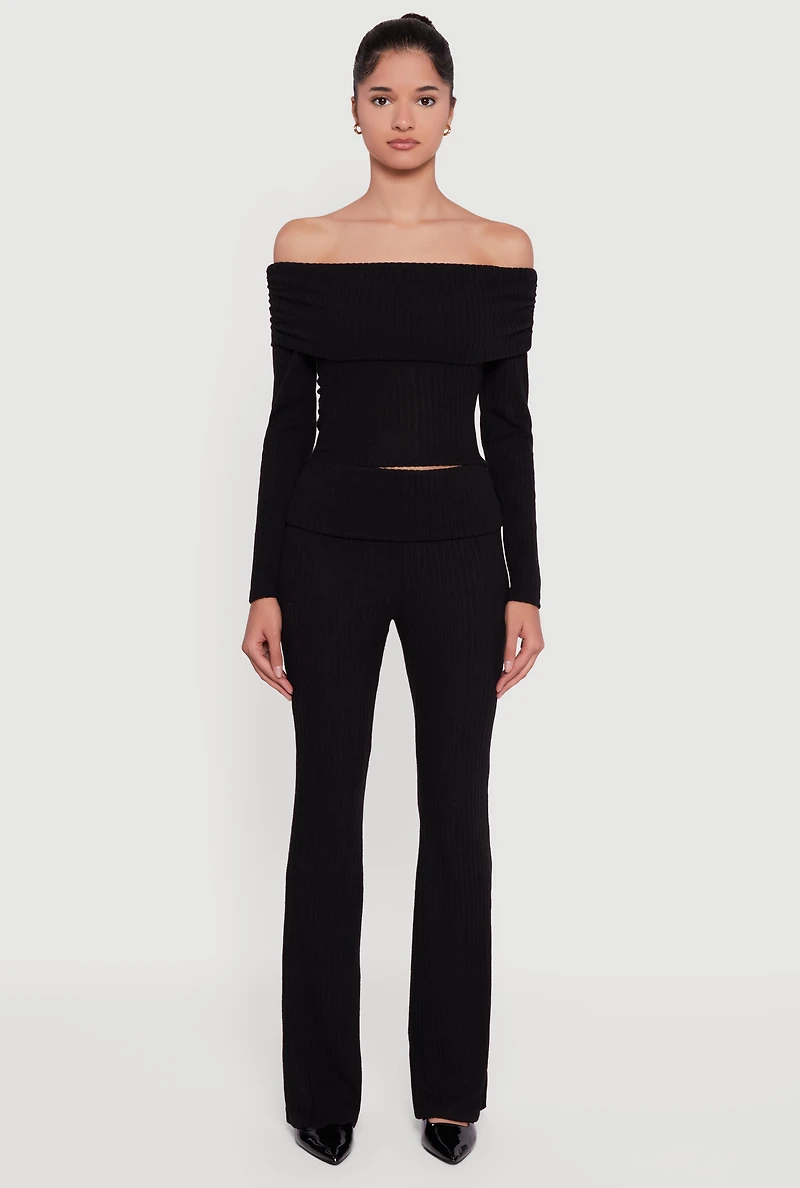 Fold Over High Waisted Flare Leg Ribbed Knit Pants
