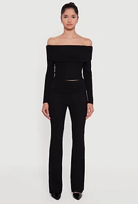 Fold Over High Waisted Flare Leg Ribbed Knit Pants