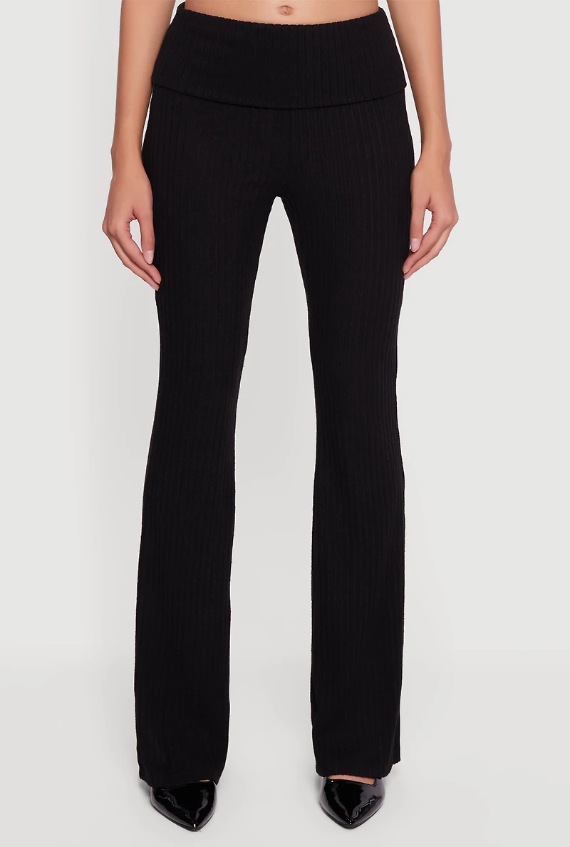 Fold Over High Waisted Flare Leg Ribbed Knit Pants