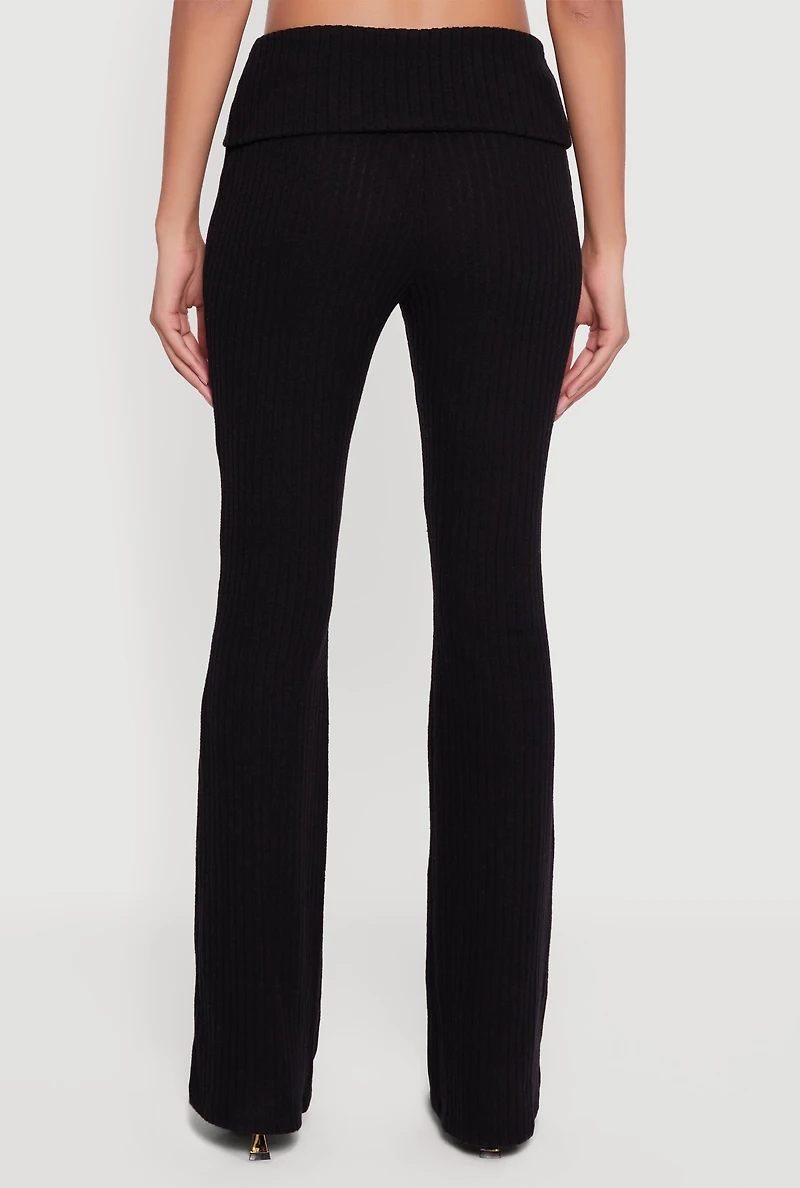 Fold Over High Waisted Flare Leg Ribbed Knit Pants