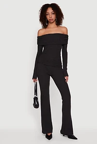 Womens Fold Over High Waisted Flare Leg Ribbed Knit Pants, Grey, Size L