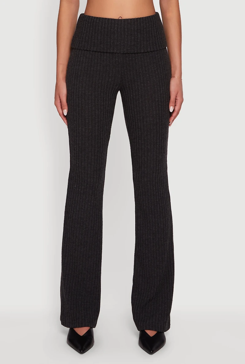 Womens Fold Over High Waisted Flare Leg Ribbed Knit Pants, Grey, Size L