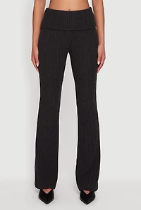 Womens Fold Over High Waisted Flare Leg Ribbed Knit Pants, Grey, Size L