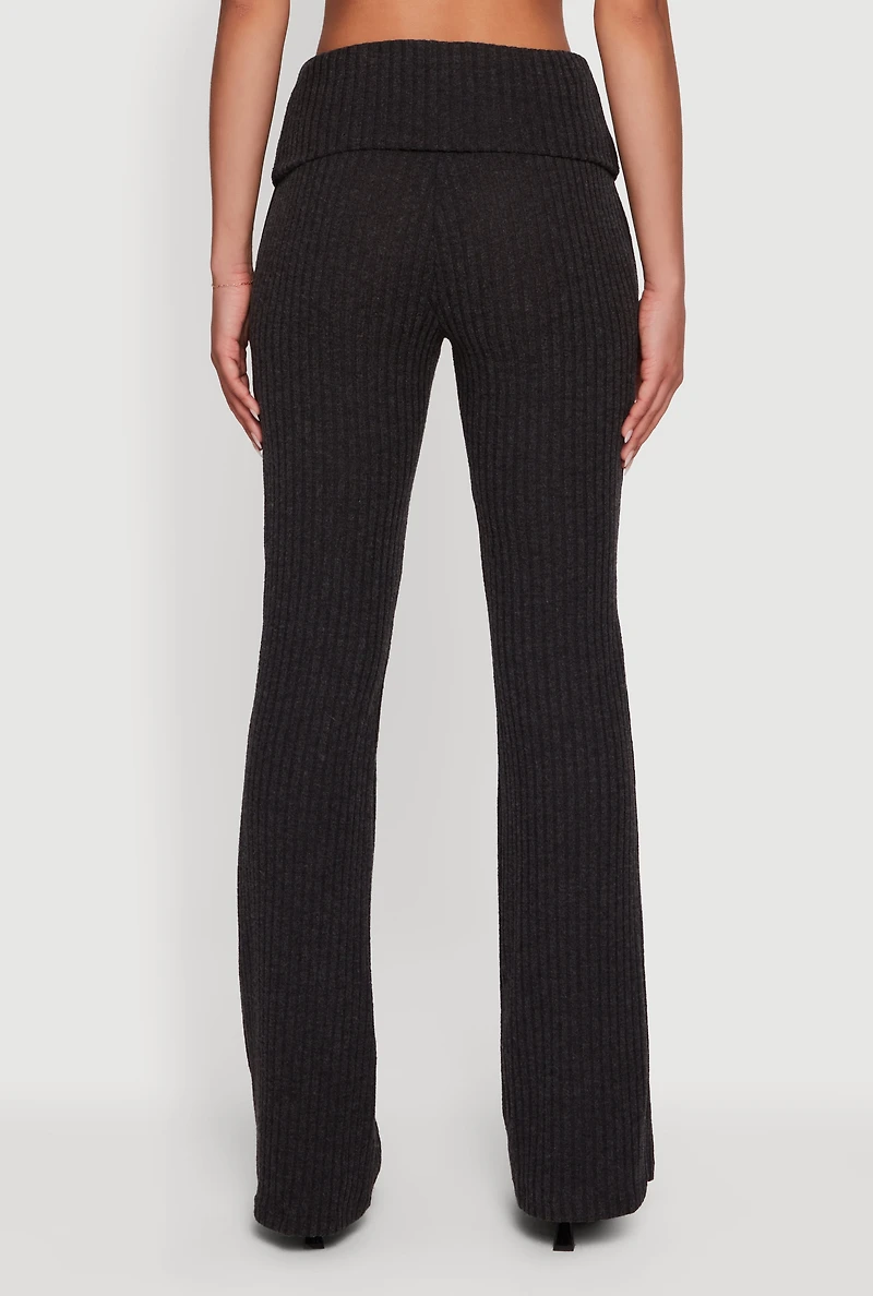 Womens Fold Over High Waisted Flare Leg Ribbed Knit Pants, Grey, Size L
